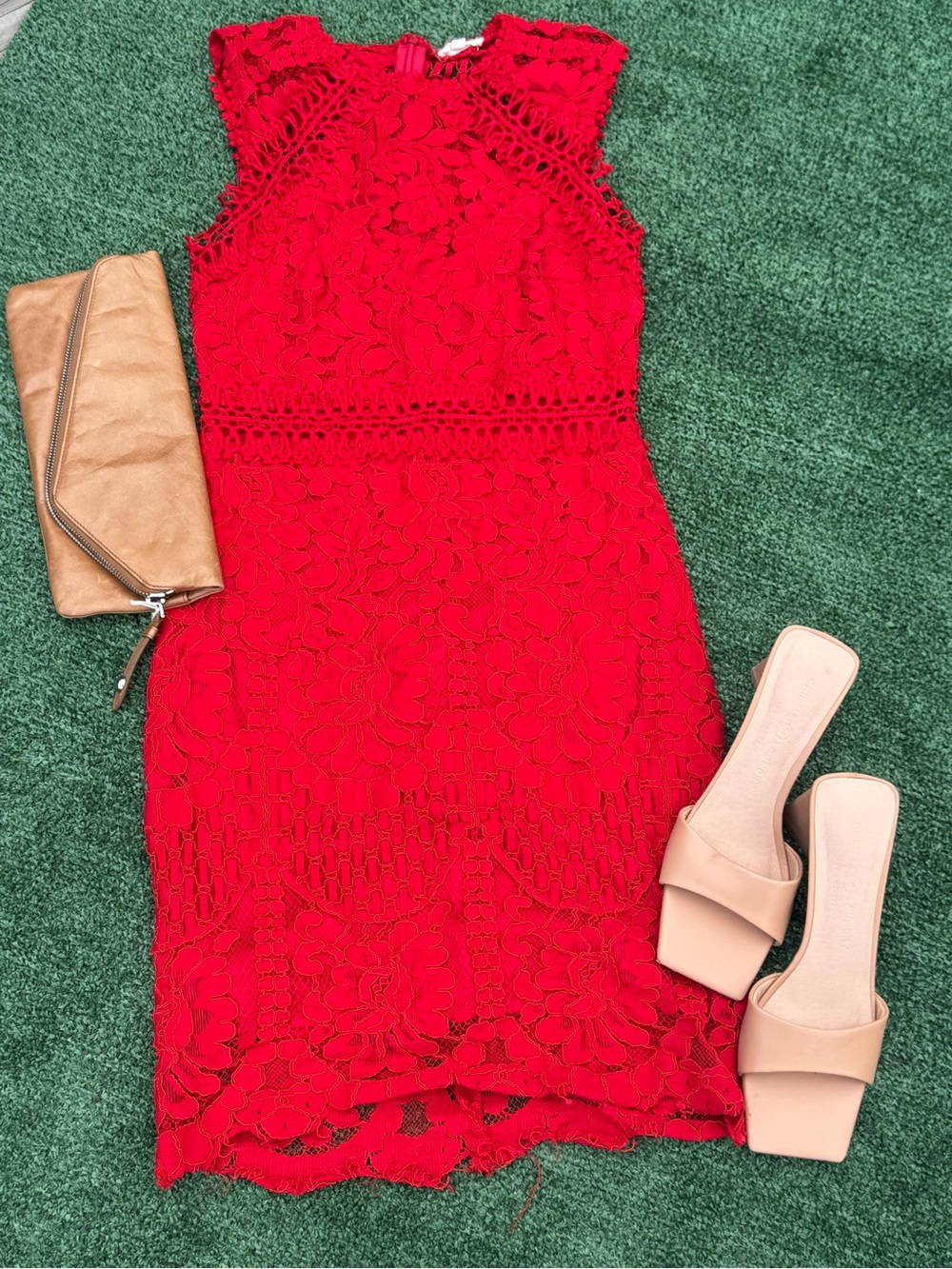Main Strip Red Lace Midi Dress with Scalloped Hem